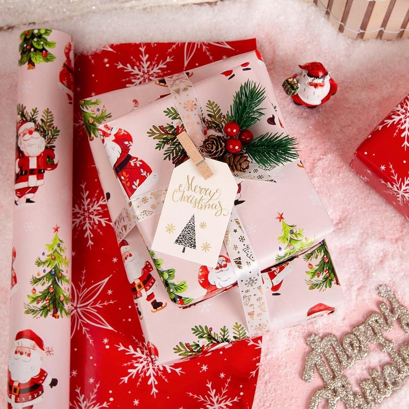 MAYPLUSS Christmas Wrapping Paper Roll - 17 Inch X 33 Feet - Cute Santa Claus Christmas Tree Reversible Strip Gift Wrapping Paper, Thick Wrap Paper for Holiday Party New Year Kids - Image 2